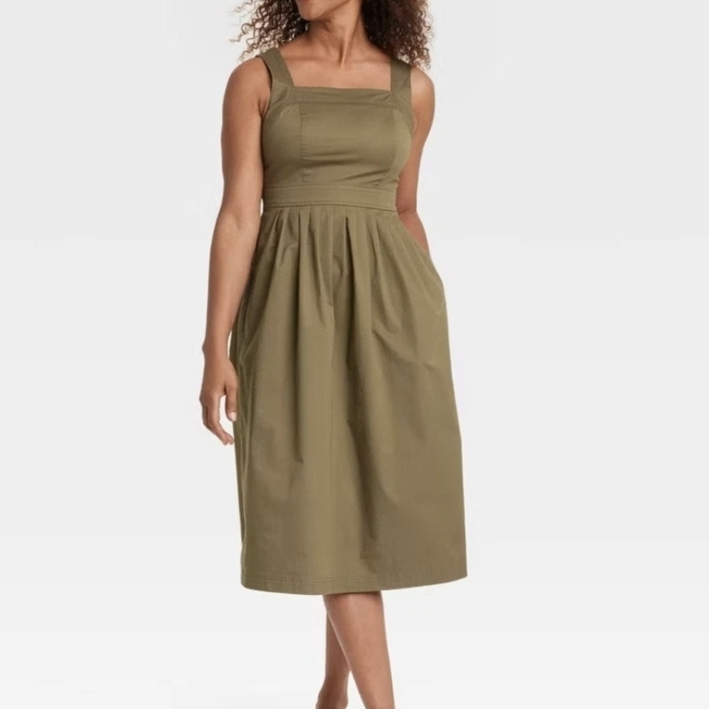 Knox Rose Women's Wide Strap Sleeveless A-Line Dress in olive.